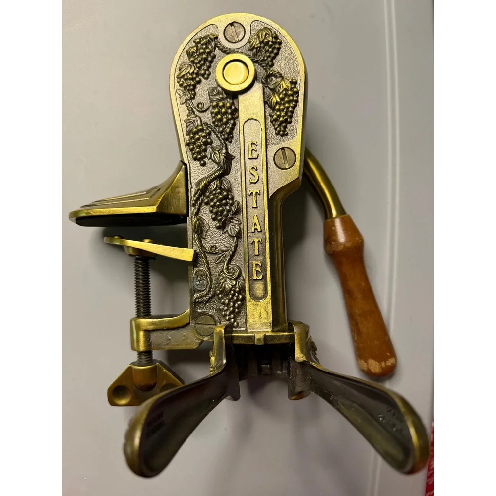 Estate Wine‎ Opener Brass Countertop Bar Mount Corkscrew Grape Motif Vintage